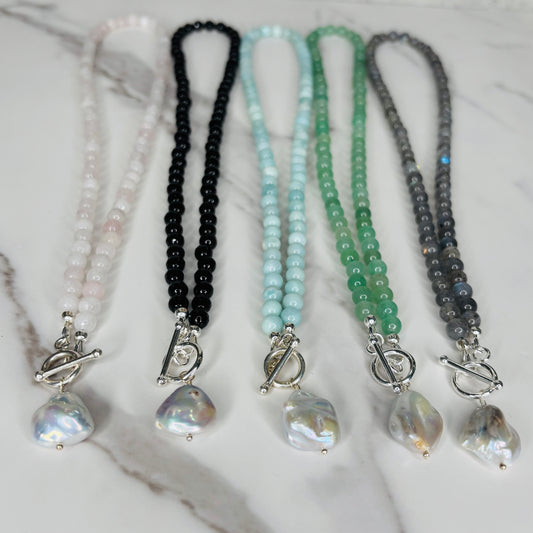 Toggle Front Gemstone and Silver Pearl Necklace