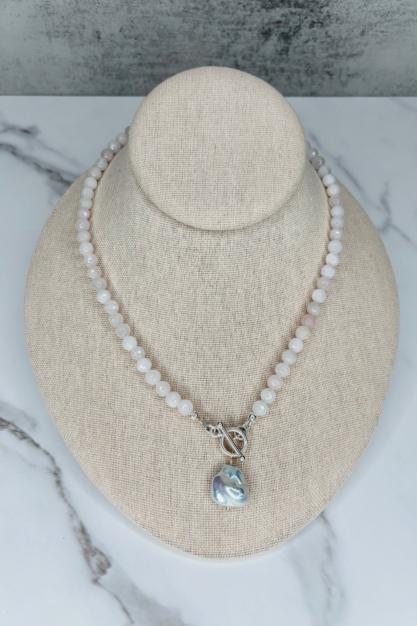 Toggle Front Gemstone and Silver Pearl Necklace