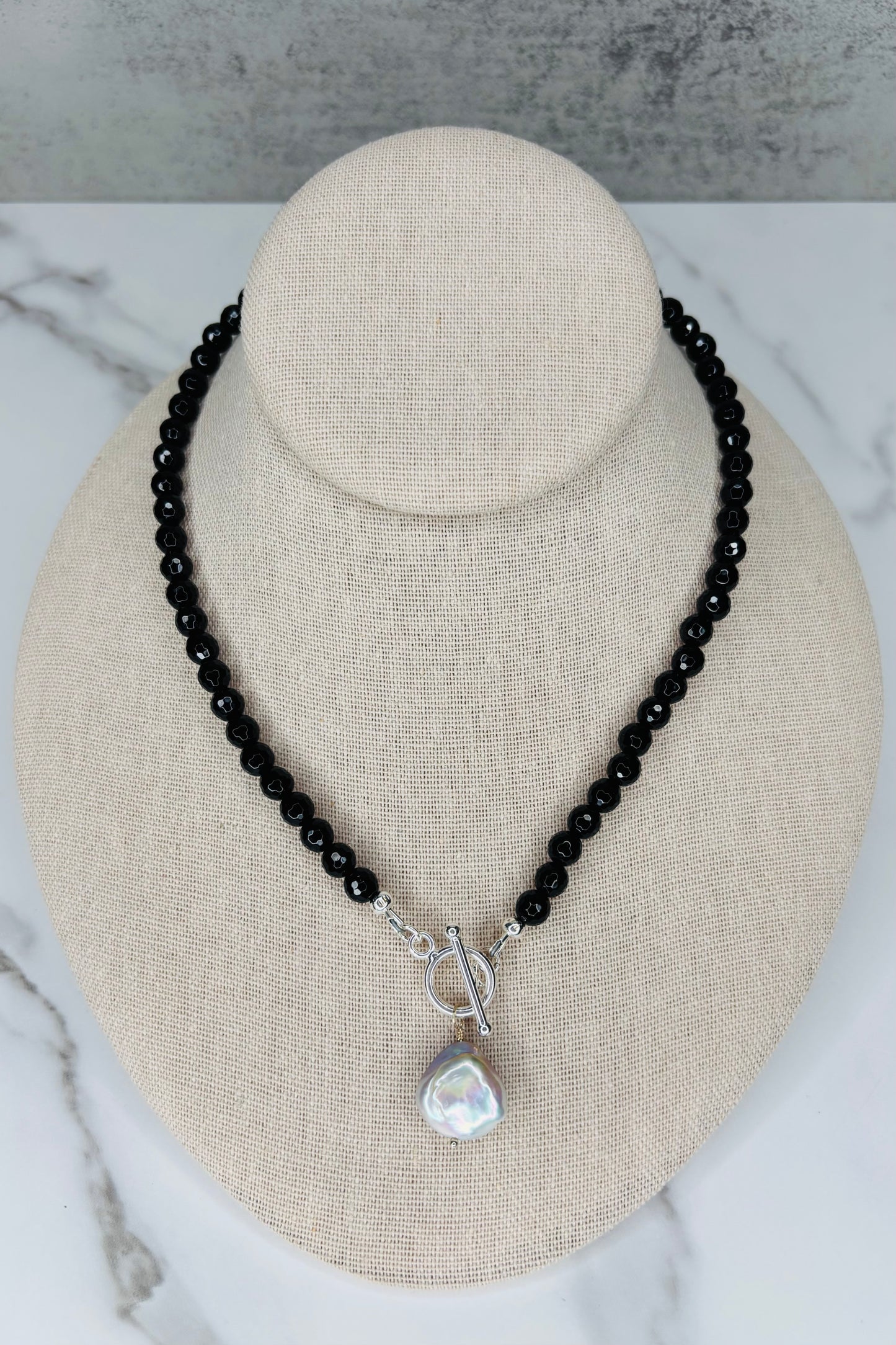 Toggle Front Gemstone and Silver Pearl Necklace