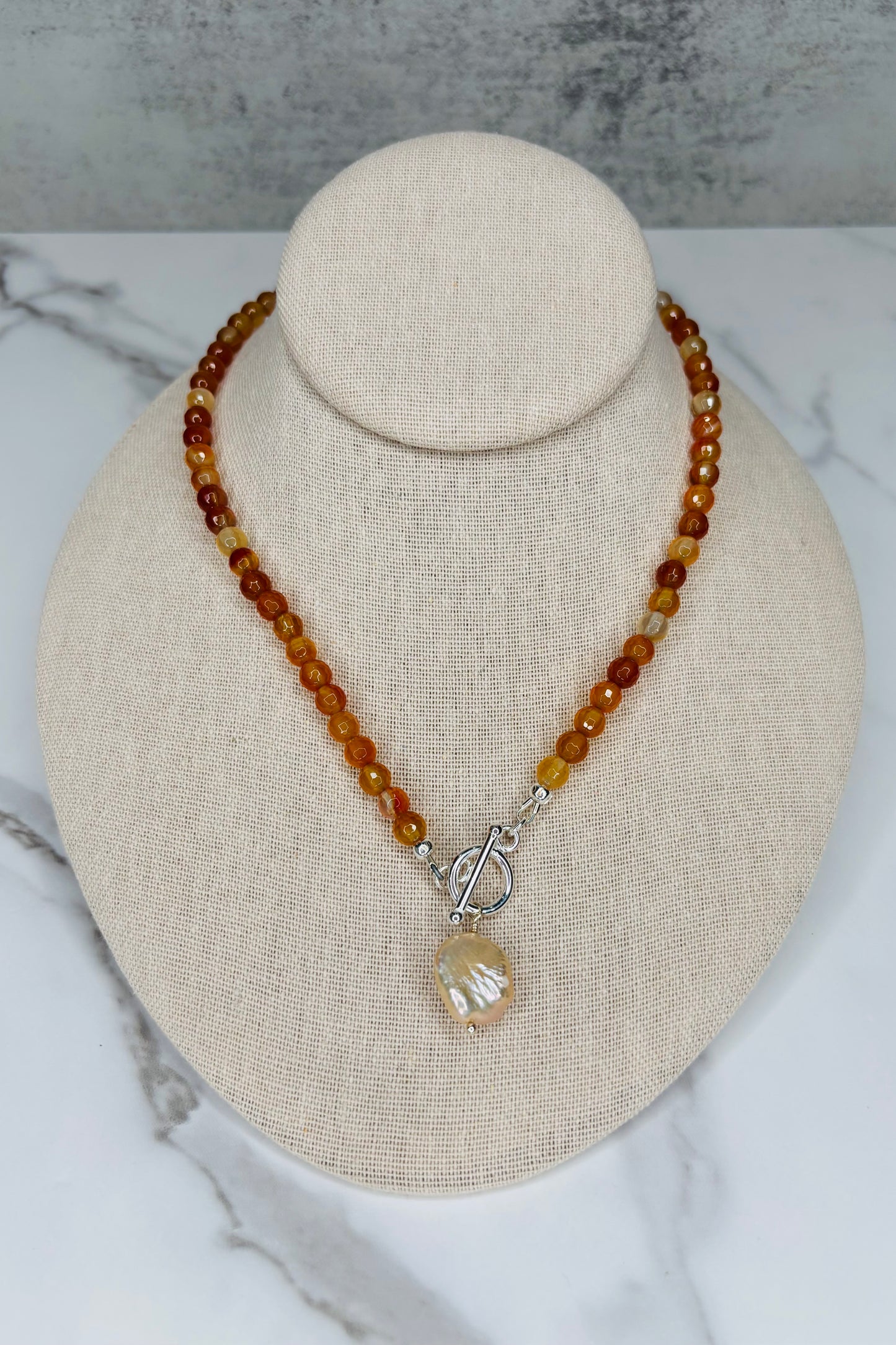 Toggle Front Gemstone and Peach Pearl Necklace