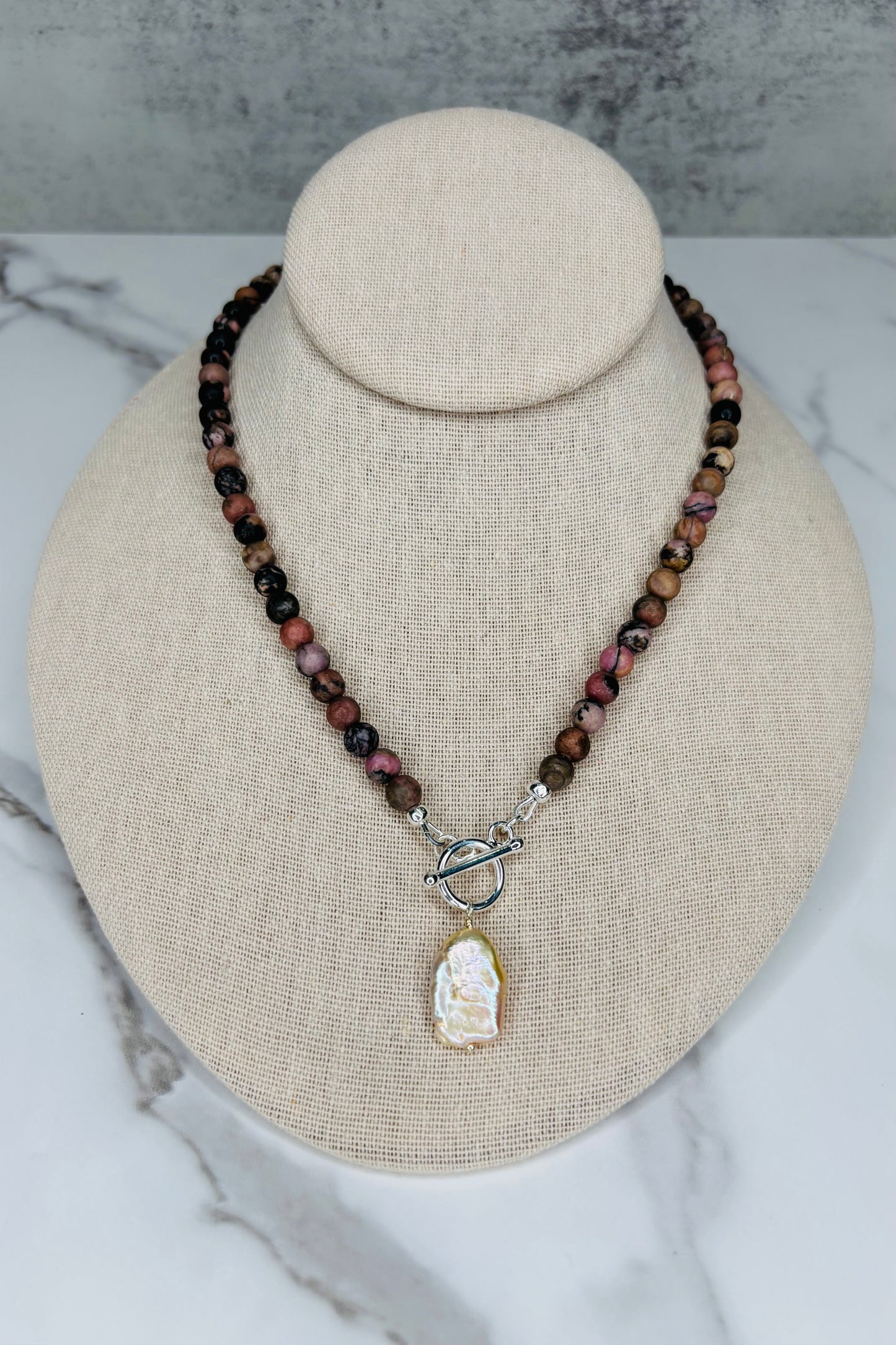 Toggle Front Gemstone and Peach Pearl Necklace